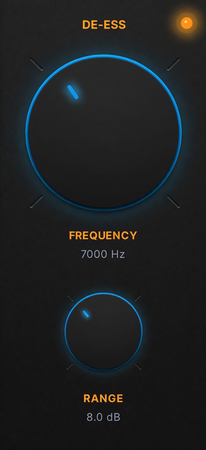 AI Audio Voice Pro De-Esser controls — frequency 7000Hz and range 8dB for sibilance removal in Final Cut Pro
