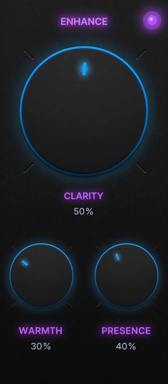 AI Audio Voice Pro Voice Enhancer controls — clarity 50%, warmth 30%, presence 40% for broadcast voice polish in Final Cut Pro