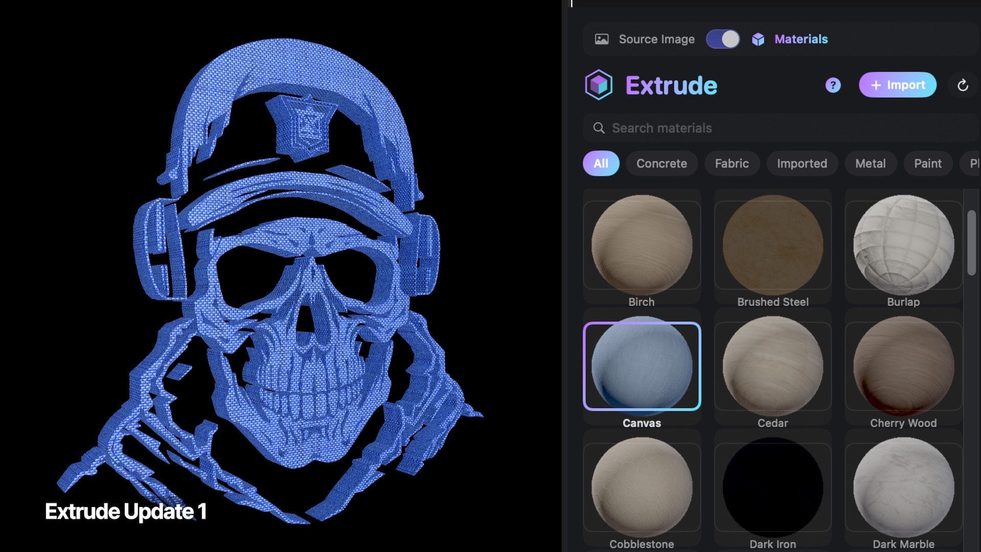 Extrude Update 1 — the redesigned interface with the material editor built into the inspector, visual camera and lighting controls, a reflective floor, and on-screen move and rotate handles.
