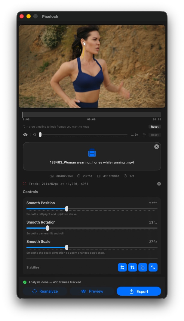 Pixelock sidebar controls for tuning position, rotation, and scale stabilization independently on macOS