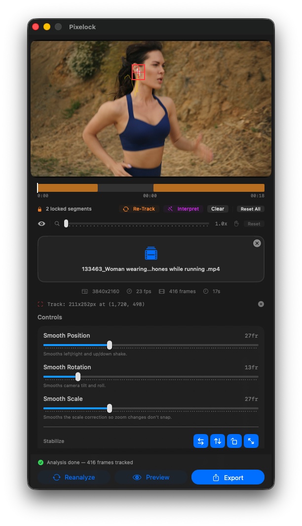 Pixelock locked segments timeline showing Re-Track and Interpolate controls for fixing problem areas in macOS video stabilization