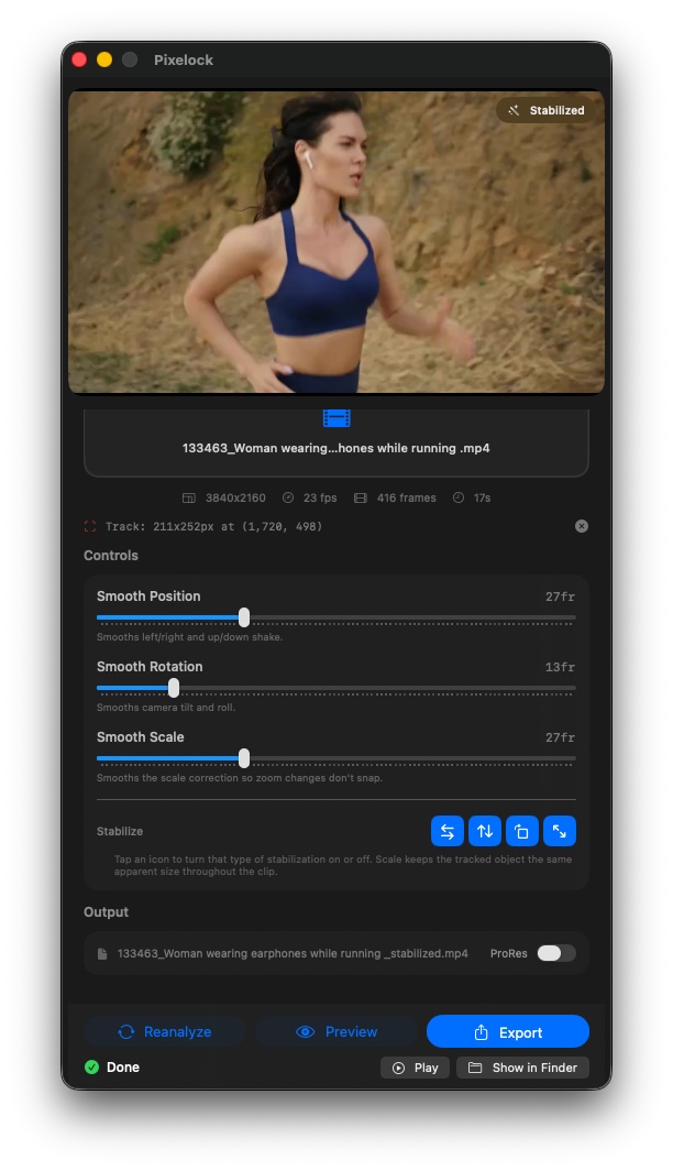 Pixelock full-quality preview of stabilized video before export on macOS