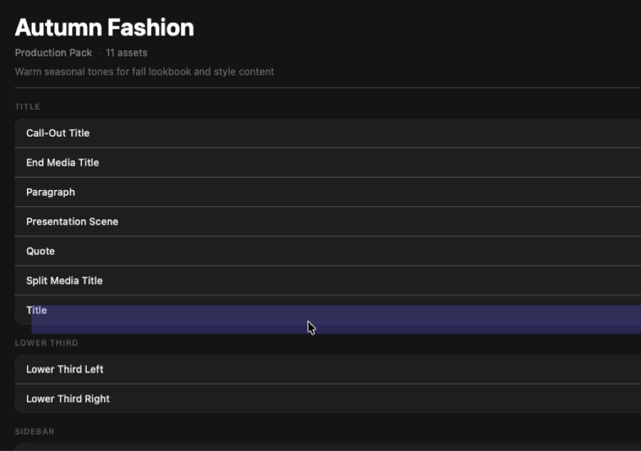 Production Library asset list showing titles, lower thirds, and sidebar tools