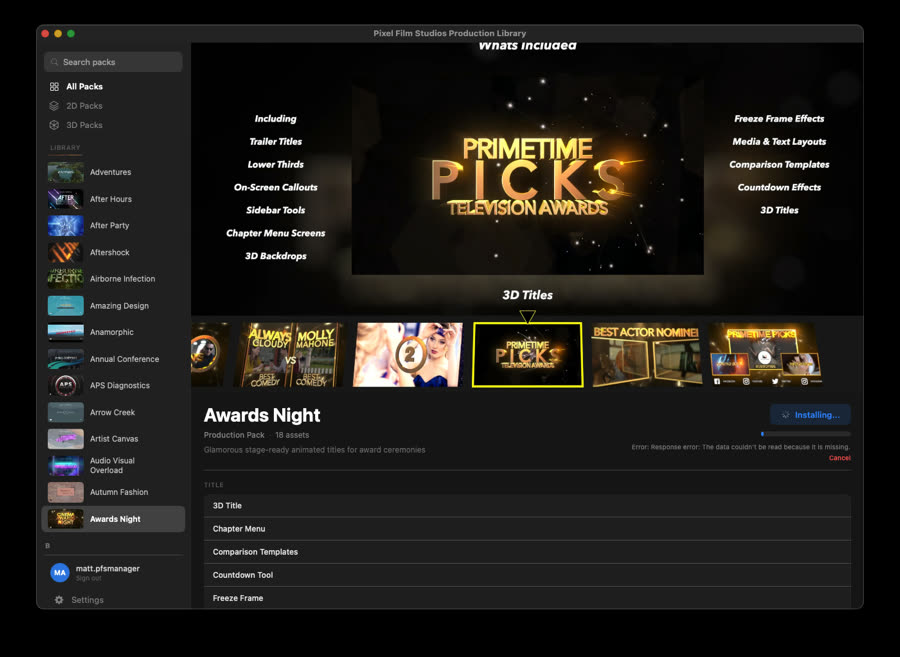 Pack detail view with video preview and one-click install in Production Library