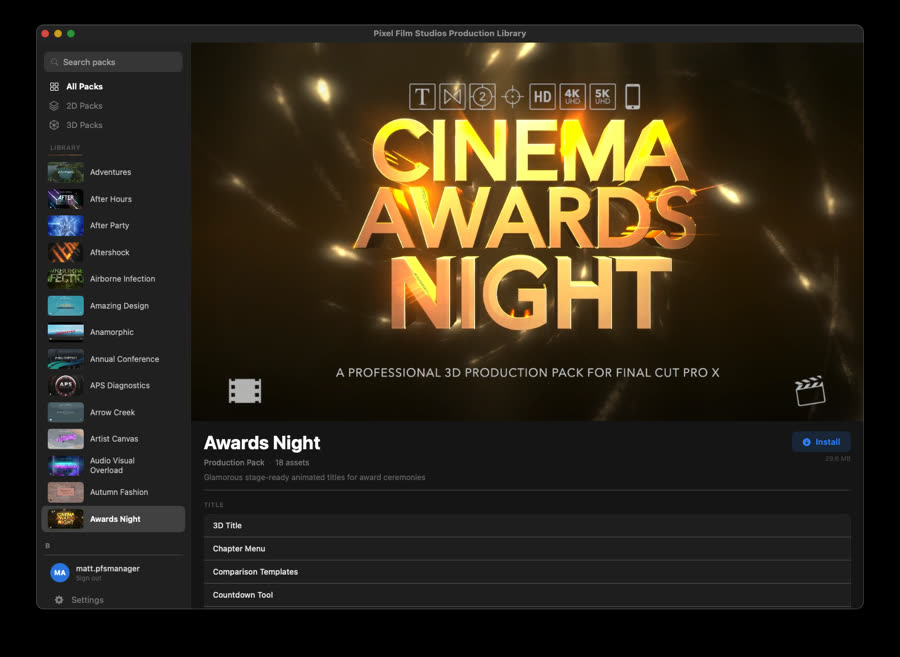 Browse 350+ production packs inside Final Cut Pro with Production Library