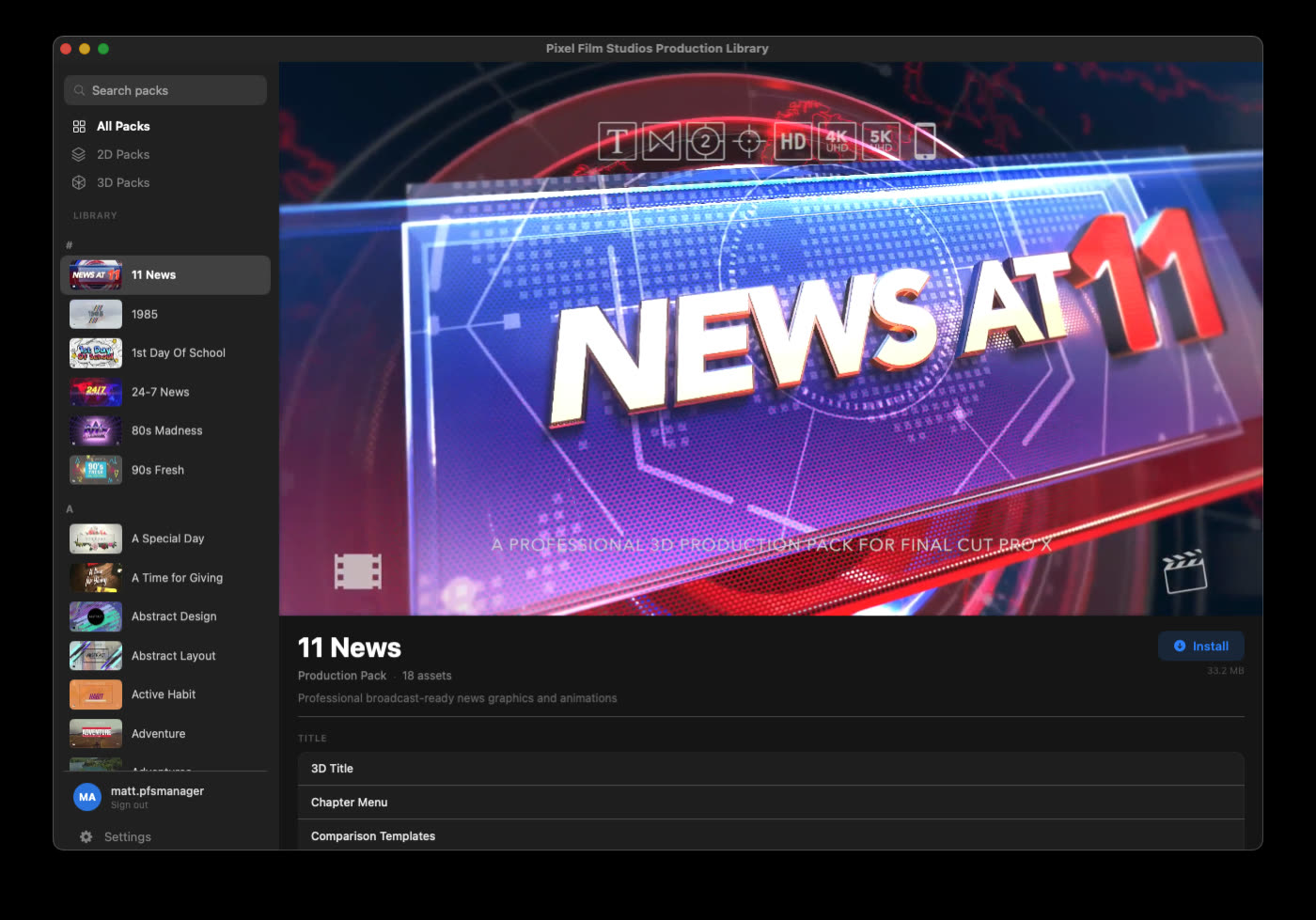 Production Library pack browser inside Final Cut Pro showing 350+ production packs