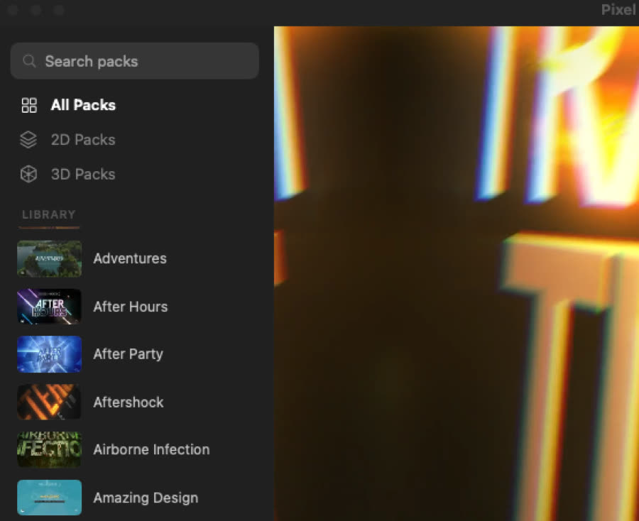 Production Library sidebar showing full pack list inside Final Cut Pro