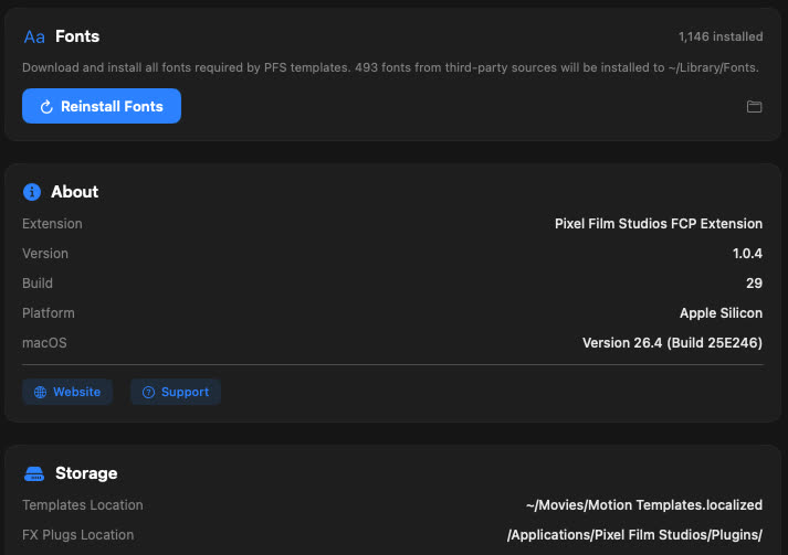 Production Library settings panel showing version, storage locations, and about info