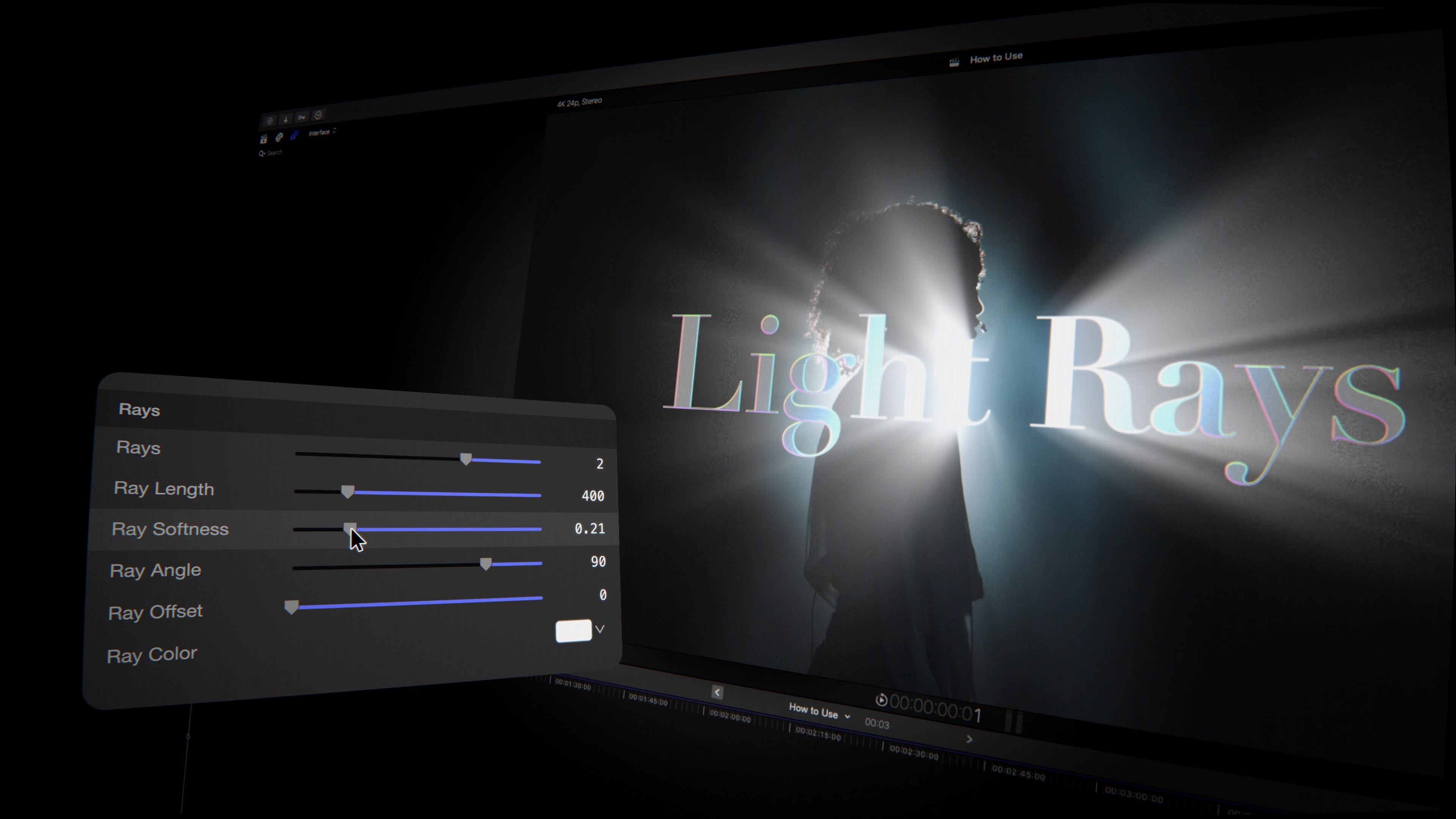 TextLight Light Rays — volumetric god-ray shafts bursting from illuminated letters